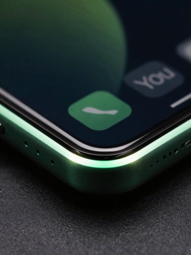 Macro detail of a physical Android device edge with a glowing screen corner displaying a dark-mode Material You interface, vibrant green accent light reflecting on the chassis