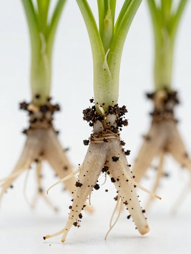 Crisp macro shot of healthy plant roots with rich soil particles clinging to the root hairs, bright clean laboratory lighting, shallow depth of field