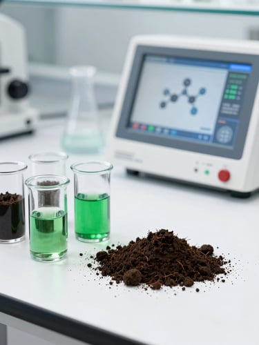 A clean modern laboratory bench with soil samples in glass vials and a digital analysis screen showing molecular data, bright white daylight