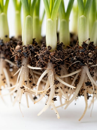 Crisp scientific macro photography of a healthy crop root system with clinging soil, bright high-key natural daylight, sharp focus, vibrant green shoots visible at the top edge.