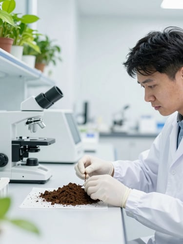 Bright clean laboratory interior, a technician in a white coat carefully preparing soil samples under high-key white laboratory light, scientific instrumentation and vibrant green plant specimens in the background.