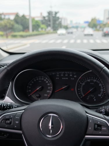 Close-up detail shot of a clean modern car dashboard and steering wheel, soft overcast light coming through the window, sharp focus on the speedometer, natural colors