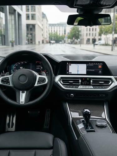 Sharp eye-level shot of a clean sedan dashboard and steering wheel, soft overcast daylight, modern urban backdrop, 50mm lens focus