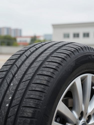 Close-up detail shot of a clean car tire tread and alloy wheel, bright overcast daylight, sharp focus on the tread depth indicator