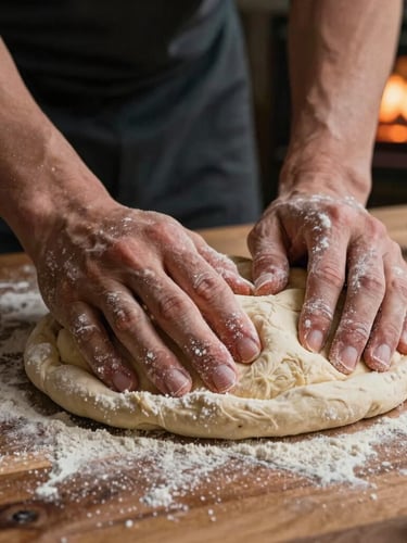 Close-up of hands kneading artisanal pizza dough on a wooden surface, flour dusting the hands, warm moody food photography, glowing wood-fire light, rich saturated tones, dark charcoal background, shallow depth of field, 35mm