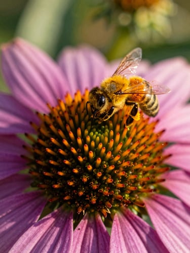 Macro photograph of a vibrant purple coneflower in warm golden-hour sunlight, a honeybee dusted with yellow pollen actively working the center, soft green background