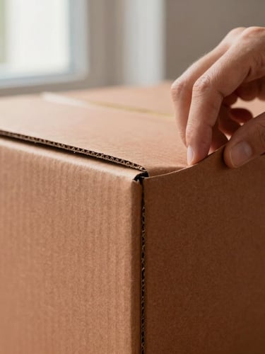Extreme close-up of artisan hands wrapping a structured terracotta cardboard box with fine textured linen, soft window side-light, focus on clean corner tuck.