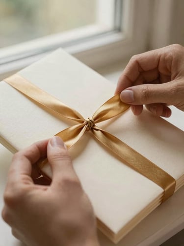 Macro photo of hands carefully tying a golden silk ribbon around a heavy cotton paper wedding invitation, soft natural side-light from a large window, warm cream and gold tones.