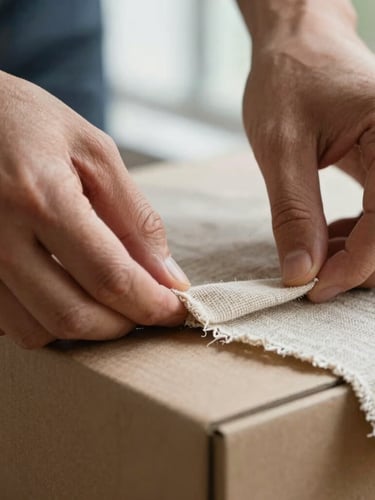 Macro close-up of hands carefully aligning a linen texture cover onto a structured cardboard box, soft window light, shallow depth of field.