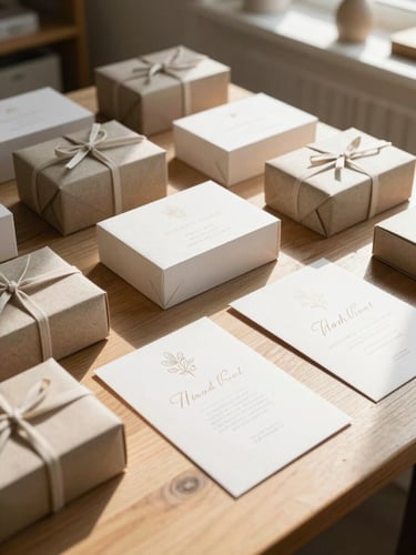 Wide photographic shot of a bright creative studio, natural side light illuminating textured handmade boxes and elegant wedding invitations on a wooden table.