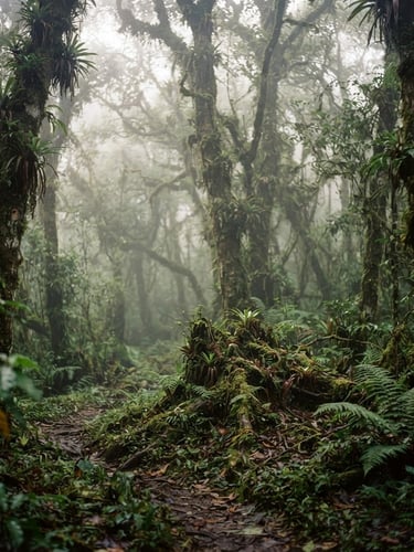 Misty morning in the Veracruz cloud forest, soft diffused light filtering through ancient oak trees and moss, cinematic 35mm, shallow depth of field