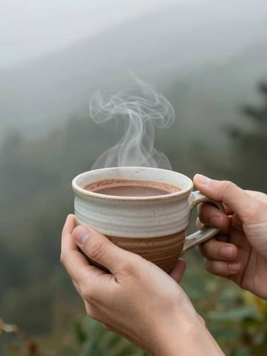 Close up of hands holding a warm handmade ceramic cup with steaming cacao, soft natural light, misty forest background, 35mm photography