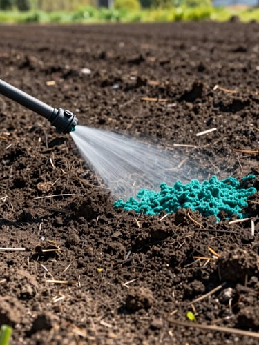 Low-angle shot of a hydroseeding nozzle spraying bright blue-green slurry onto dark prepared soil, morning sunlight, crisp details