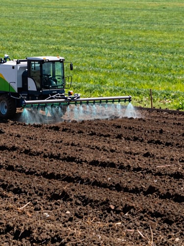 Low-angle wide shot of a professional hydroseeding machine spraying bright blue-green slurry onto dark, graded soil. Saturated natural greens and rich earth tones under bright morning daylight, crisp editorial outdoor photography.