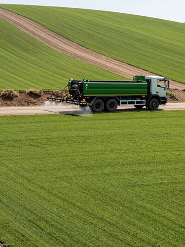 Wide-angle outdoor shot of a professional green hydroseeding truck spraying a uniform layer of green mulch on a wide, sloping hillside, bright morning daylight, clean editorial style