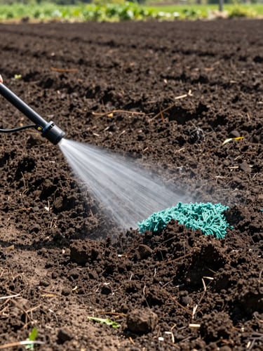 Low-angle outdoor shot of a high-pressure hydroseeding nozzle spraying thick blue-green slurry onto dark, freshly graded soil, bright morning daylight, rich earth tones