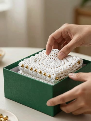 Hands carefully placing a folded white crochet toran with gold beads into a premium emerald green gift box, soft natural light, shallow depth of field, 85mm