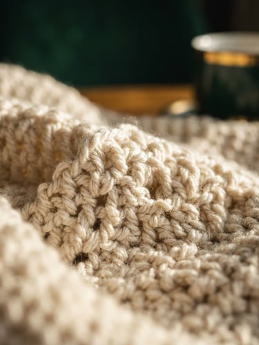 Macro detail shot of tension-perfect cream crochet stitches, warm side-lighting highlighting physical texture, shallow depth of field