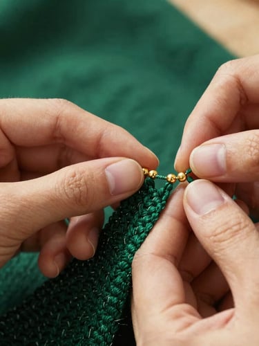 Hands of a master artisan carefully threading gold beads into a deep emerald green cotton weave, warm natural side-lighting, macro focus on the physical texture.