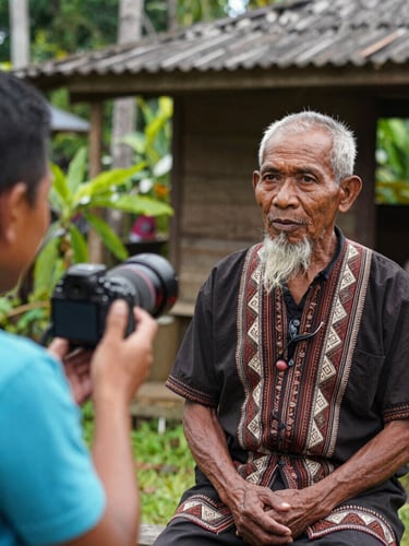Candid medium shot of a local journalist interviewing a Dayak elder in Sekadau, natural outdoor lighting, authentic community setting, 35mm lens