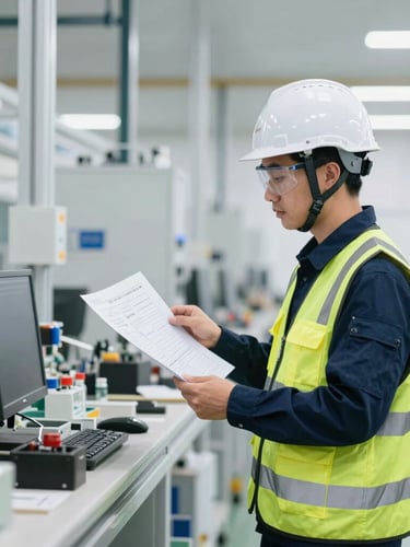 A professional lead industrial auditor in high-vis vest and protective helmet inspecting a clean, modern manufacturing line with schematics in hand, bright natural technical lighting.