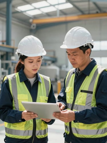 Crisp corporate photography, a professional industrial engineer in high-vis gear conducting a technical audit inside a modern Mexican manufacturing plant, bright natural daylight, sharp focus.