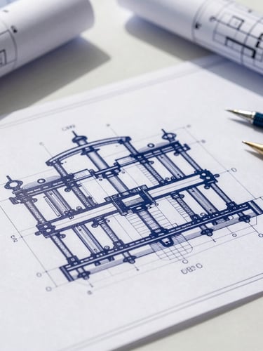 Close-up of industrial technical blueprints on a clean desk, bright natural daylight, deep navy tones, sharp focus, technical drawing tools nearby.
