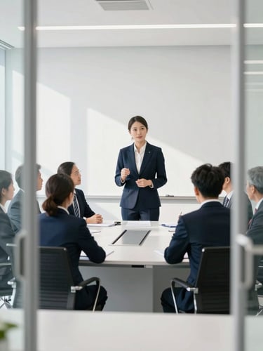 A professional corporate training session in a modern boardroom, bright natural daylight, deep navy and clean white tones, sharp focus, architectural framing