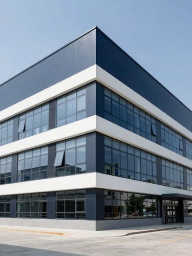 Architectural clean shot of a modern industrial facility and offices, bright daylight, sharp focus, reflecting stability and corporate scale.