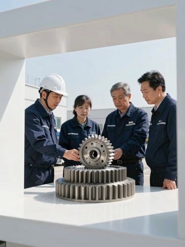 Industrial engineers in high-vis gear conducting a technical audit on a clean factory floor, bright natural daylight, sharp focus, architectural framing