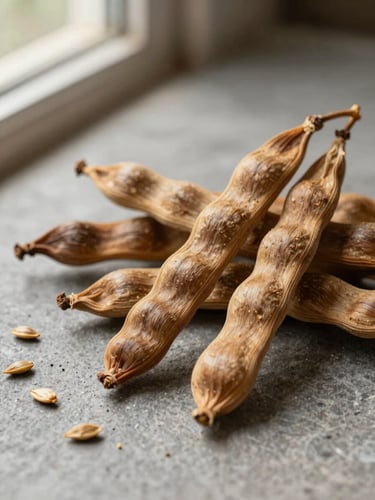 Tight close-up of dried mucuna pruriens pods and seeds arranged on a warm gray stone surface, diffused natural window light from the left, a few whole pods and scattered seeds showing texture and colour, no labels or text, honest ingredient photography