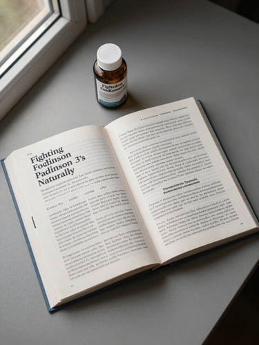Flat-lay overhead view of the book 'Fighting Parkinson's Naturally' open to a research-annotated page, a small amber supplement bottle beside it, on a warm gray desk surface, diffused natural daylight from a window at left, no shadows, no people