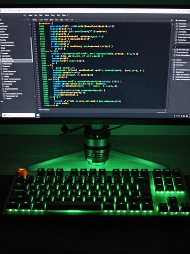 Straight-on flat-lay of a developer desk with a mechanical keyboard, neon green ambient light reflecting on a clean monitor displaying structured JSON payloads, macro lens, 35mm