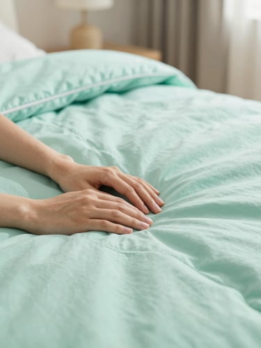 Close-up of hands touching the double-reinforced seams of a textured mint-green weighted blanket, soft natural daylight, warm modern interior, shallow depth of field