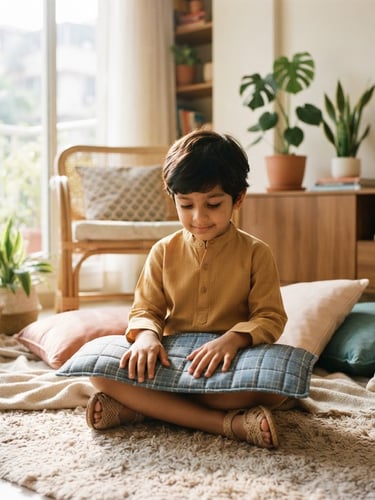 Warm editorial photography of a child calmly sitting with a weighted lap pad in a sunlit modern Indian living room, soft natural daylight, shallow depth of field