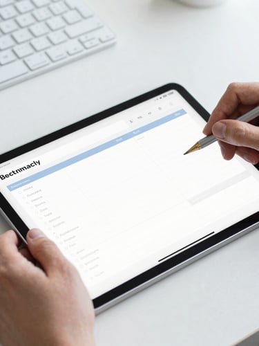 A close-up, clean editorial photograph of a professional workspace with structured planning tools, a clean digital interface on a tablet, and hands working on structured documents under bright, cool daylight.