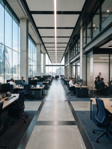 Straight-on architectural view of a structured modern corporate workspace, bright natural daylight, cool slate tones, sharp focus, 35mm lens.