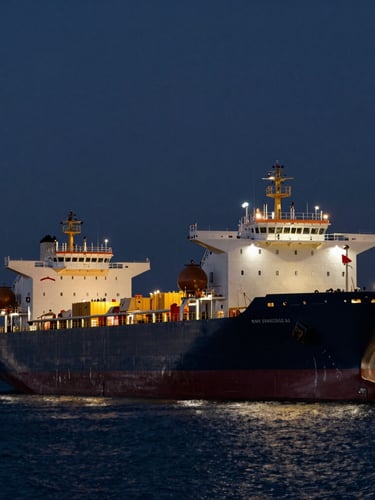 Wide environmental shot of a modern deepwater shipping port at dusk, high-contrast lighting, deep navy tones, sharp focus, 35mm
