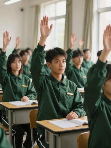 Medium shot of students in deep forest green uniforms raising hands in a sunlit classroom, natural daylight