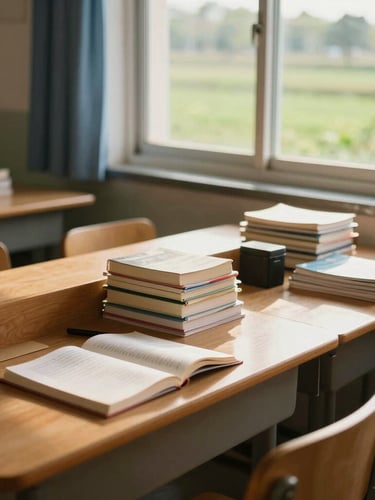 A warm, tidy boarding school study room with wooden desks, a window showing green fields, and neatly organized books, natural afternoon light.