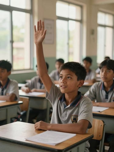 Bright natural daylight streams through classroom windows as a young Nepalese student raises their hand eagerly, focused expressions, warm academic environment.