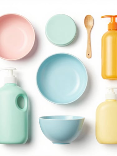 Clean flatlay of modern pastel home accessories, kitchenware, and beauty bottles, bright white studio backdrop, sharp focus, 50mm