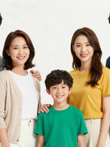Bright commercial photography of a family smiling together in coordinated modern outfits, clean white studio backdrop, high-key lighting, sharp focus