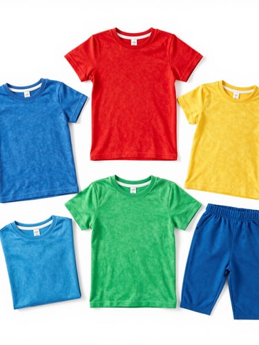 Bright commercial studio flatlay of coordinated family apparel, clean white background, vibrant colors, sharp focus