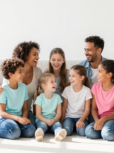 Bright high-key commercial photography of a happy diverse family laughing together in a modern sunlit living room, soft shadows, sharp focus