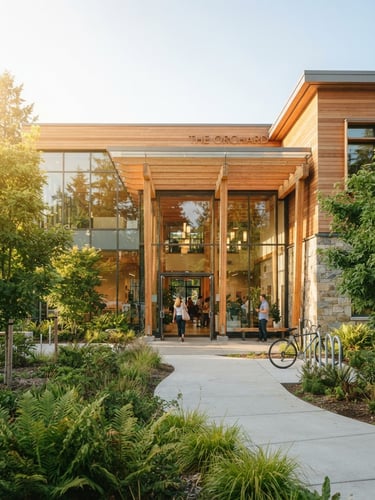Sun-drenched architectural rendering of a modern community center entrance, warm morning light casting soft shadows, green foliage, inviting glass facade, 35mm editorial photography.