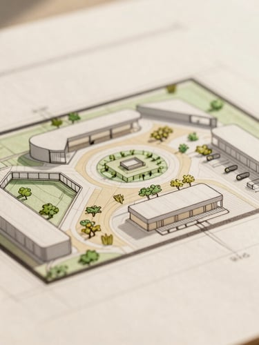 Architectural blueprint of a modern community center layout, clean lines on warm cream paper, structured grid, editorial presentation, shallow depth of field.