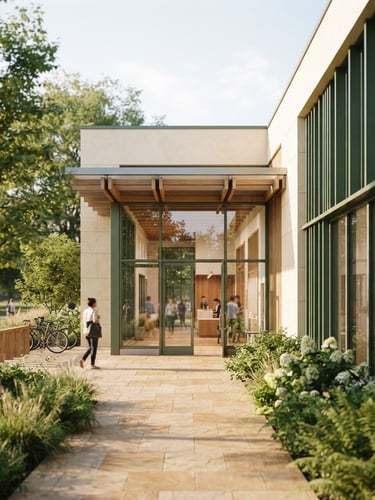 Sun-drenched architectural rendering of a modern community center entrance, warm natural morning light, soft cream and forest green tones, clean lines, shallow depth of field, 35mm