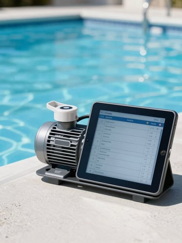 A commercial pool pump room with clean filtration equipment, a digital tablet displaying water quality logs placed on a clean surface, sharp focus, 35mm