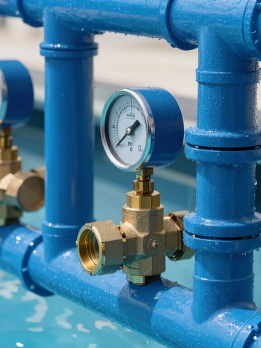 Close-up of a commercial pool pump room, heavy-duty blue PVC pipes, brass valves, flow meters, sharp focus, crisp utility lighting, 35mm